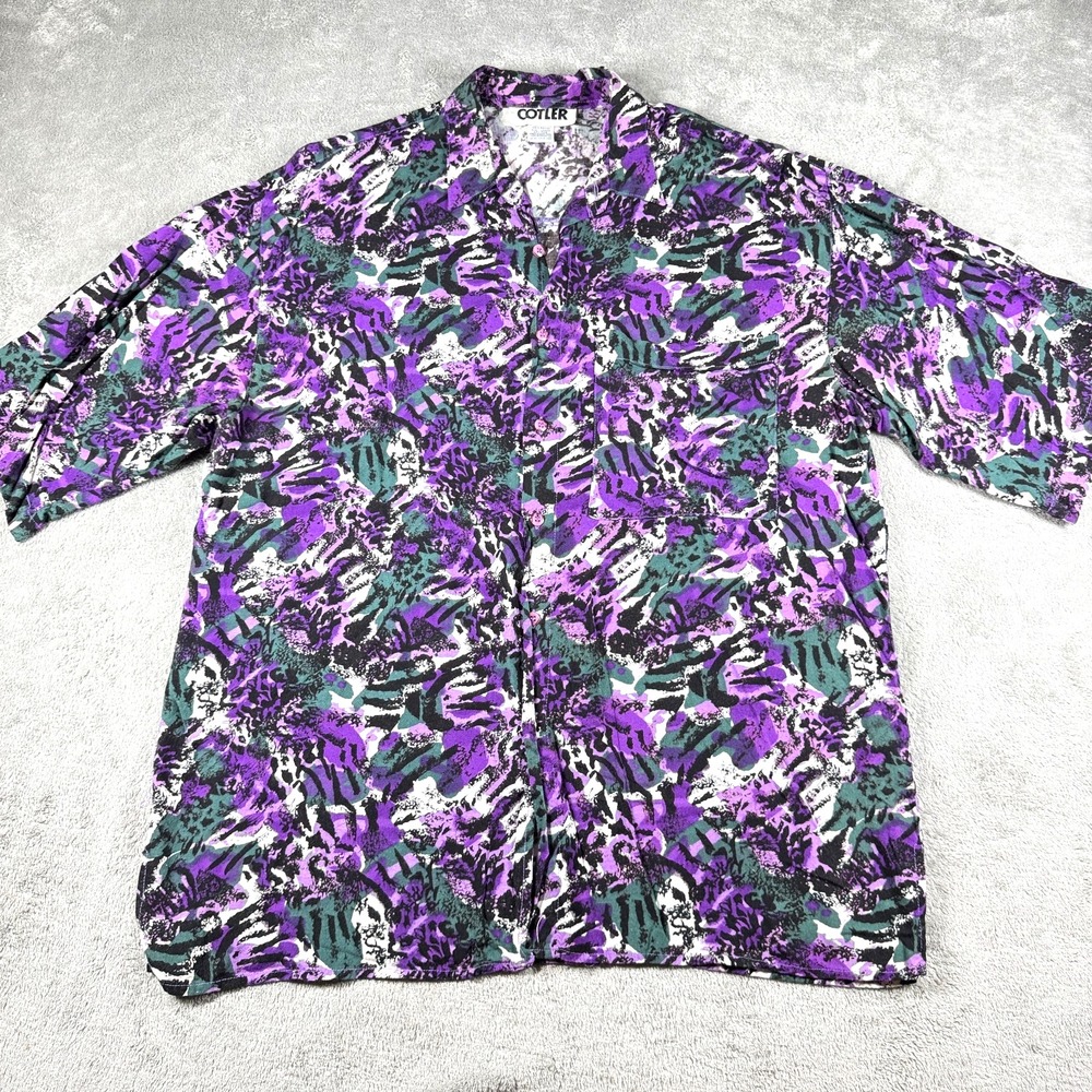 VTG 90s Retro Abstract Art Rayon Shirt Men's L Purple Teal‎ Button-Up Cotler